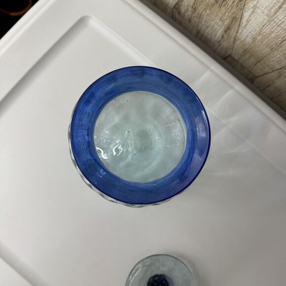 Hand Blown Glass Canister Mexico with lid Blue Rim Biscuit Cookie Jar 6”x4” Farm - Picture 7 of 16